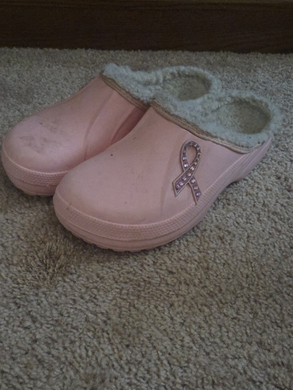 Pink Fuzzy-Lined Slip-On Clogs with Ribbon Accent